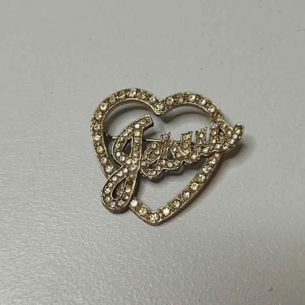 Leanin' Tree Rhinestone Jesus Heart Brooch - Picture 1 of 3